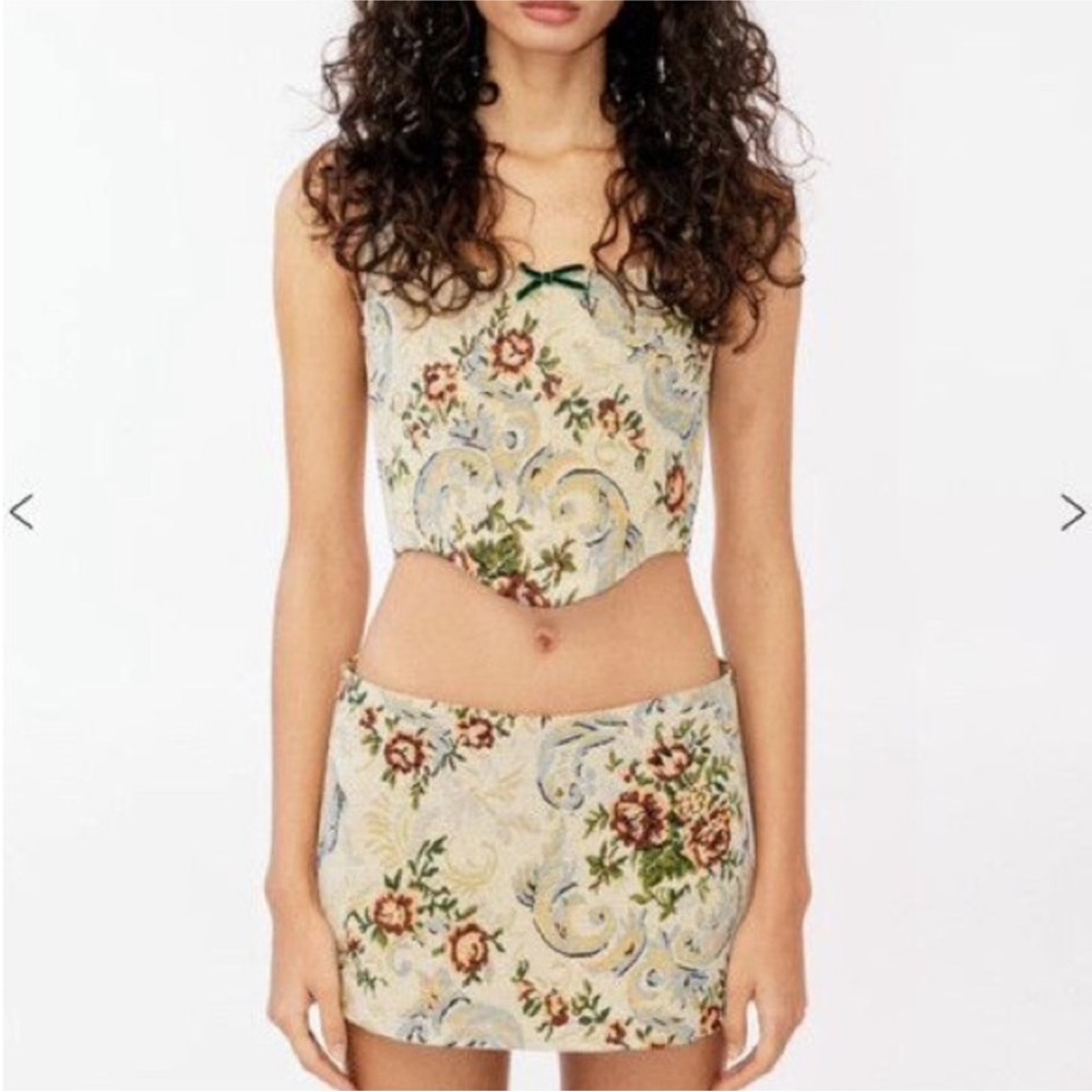With Jean Floral Crop Top - Cream and Green
